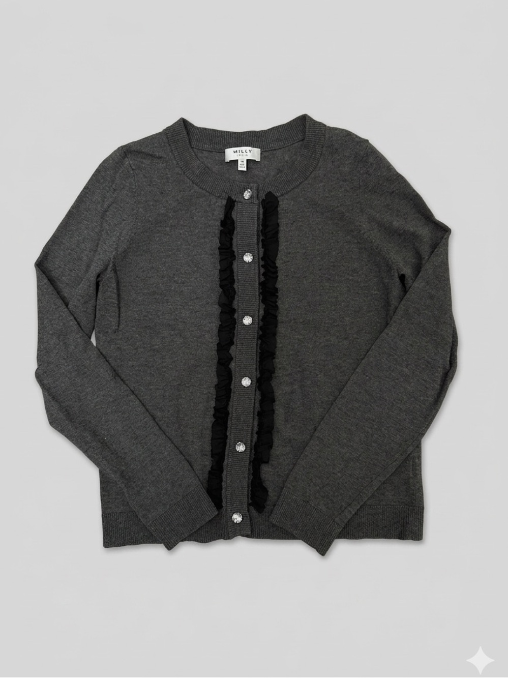 Milly Minis Charcoal Gray Cardigan with Black Ruffle Trim